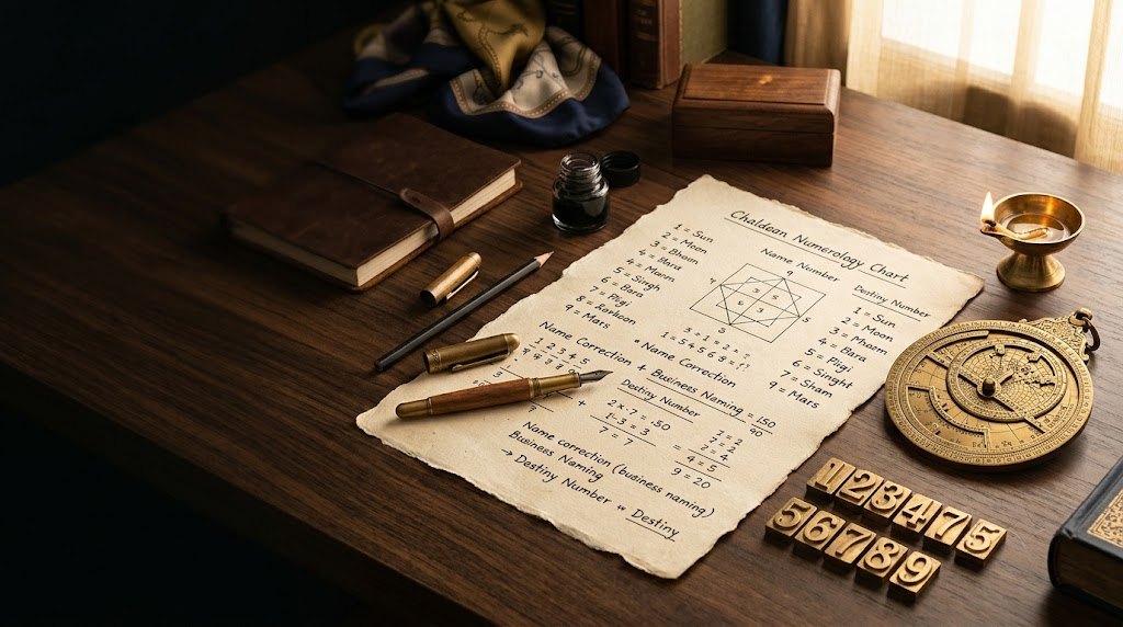 A Chaldean numerology chart with notes on name correction, beside a pen and an oil lamp